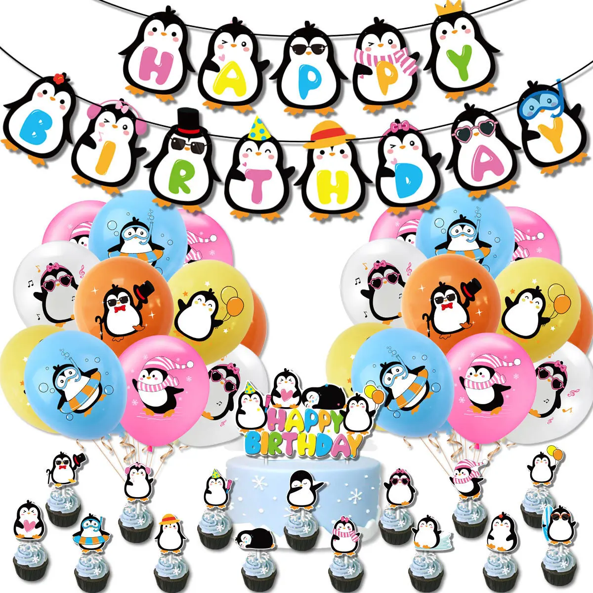 

Penguin Theme Party Banner Balloon Cake Topper Seaside Beach Home Garden Decoration for Children's Birthday Gift Supplies
