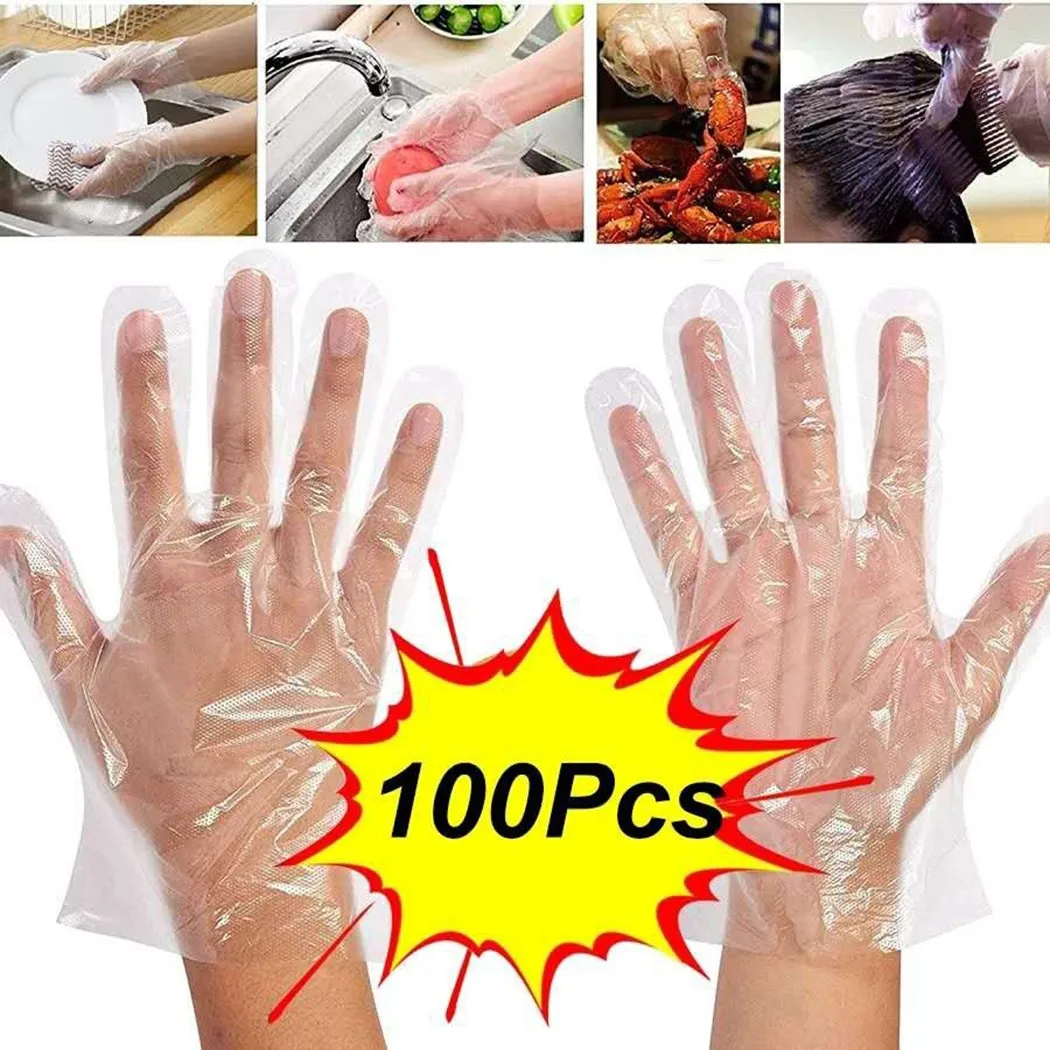 

100 Pcs Transparent Disposable Gloves Multifuctional Food Grade PE Gloves Anti-skid Household Cleaning Tools Accessories