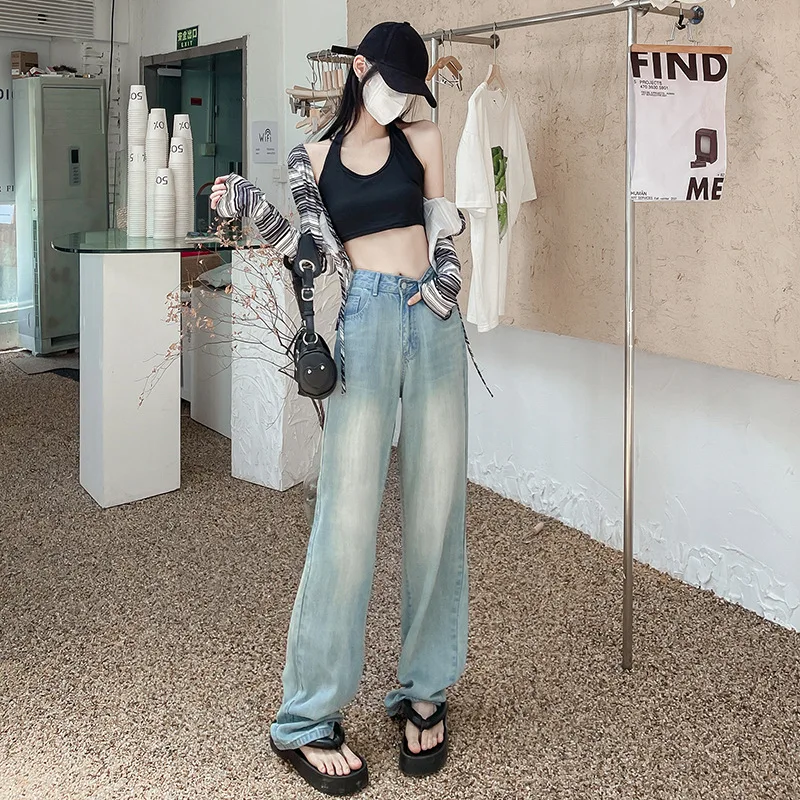 

Свободные драпированные джинсовые брюки с высокой талией в стиле ретро, женские свободные широкие брюки, драпированные джинсы, шикарные повседневные джинсовые брюки Y2K