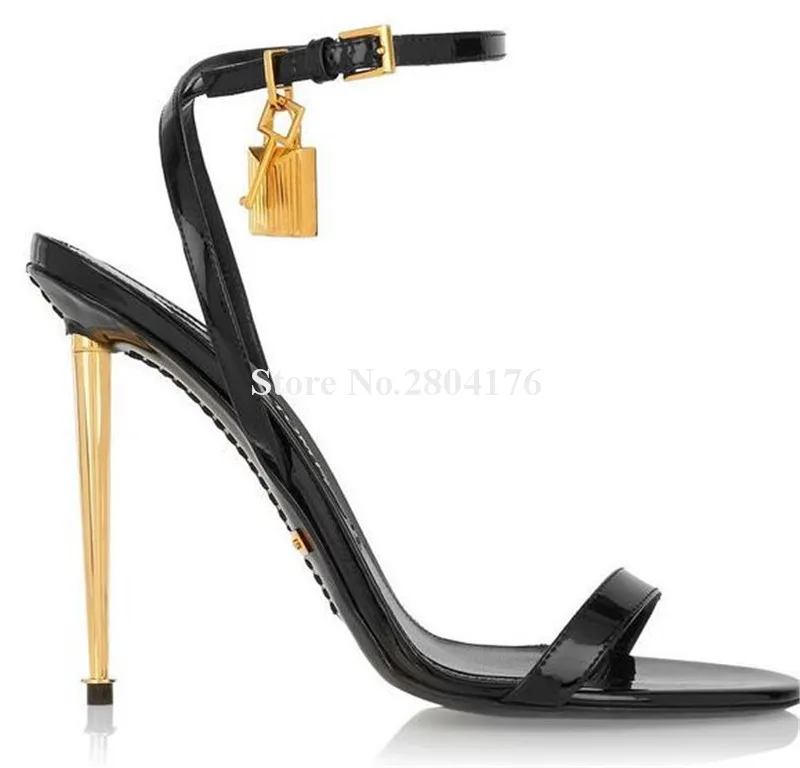 Gold Metal Lock Sandals Fashion Women Open Toe Stiletto Heel Gladiator Sexy Party Dress Shoes