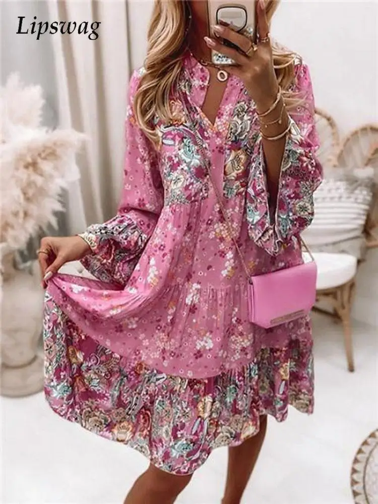 

Harajuku Floral Printing Dress Women Casual Loose Mujers Fashion V-Neck Ruffle Min Dresses Lady Elegant Flare Sleeve Beach Dress