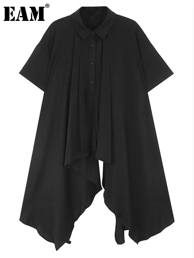 

[EAM] Женская черная блузка с асимметричным подолом в горошек большого размера, новая свободная рубашка с отворотом и коротким рукавом, модна...