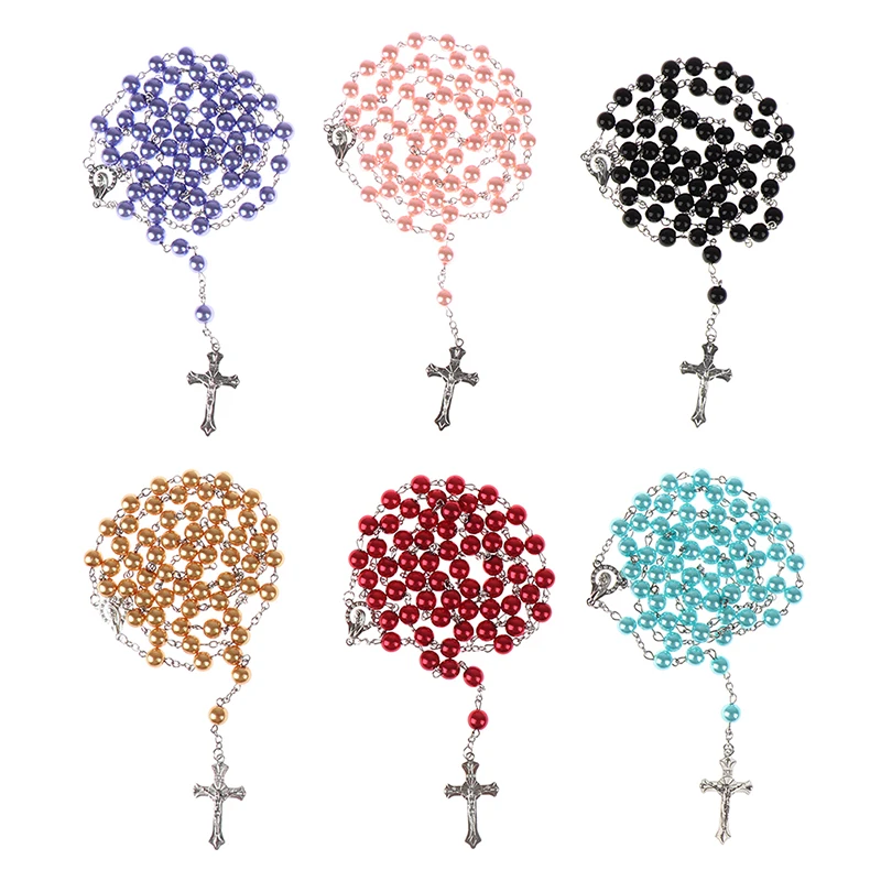 

8mm Colorful Bead Rosary Pendant Necklace Alloy Cross Virgin Mary Centrepieces Christian Catholic Religious Jewelry Home Worship
