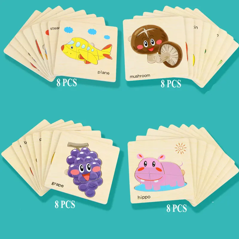 

8pcs Set Children Cartoon Animal Fruits 3D Jigsaw Puzzle Wooden Toys Kids Montessori Educational Toys Baby Kindergarten Supplies