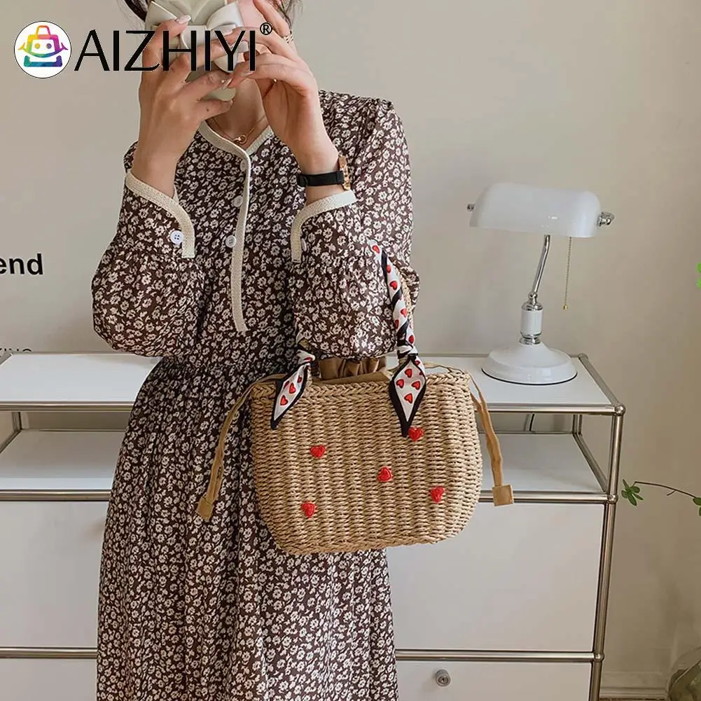 

Casual Summer Beach Ribbon Straw Love Handbag Ladies Woven Portable Bag with Silk Scarf Women Rattan Clutch Basket Vintage Tote