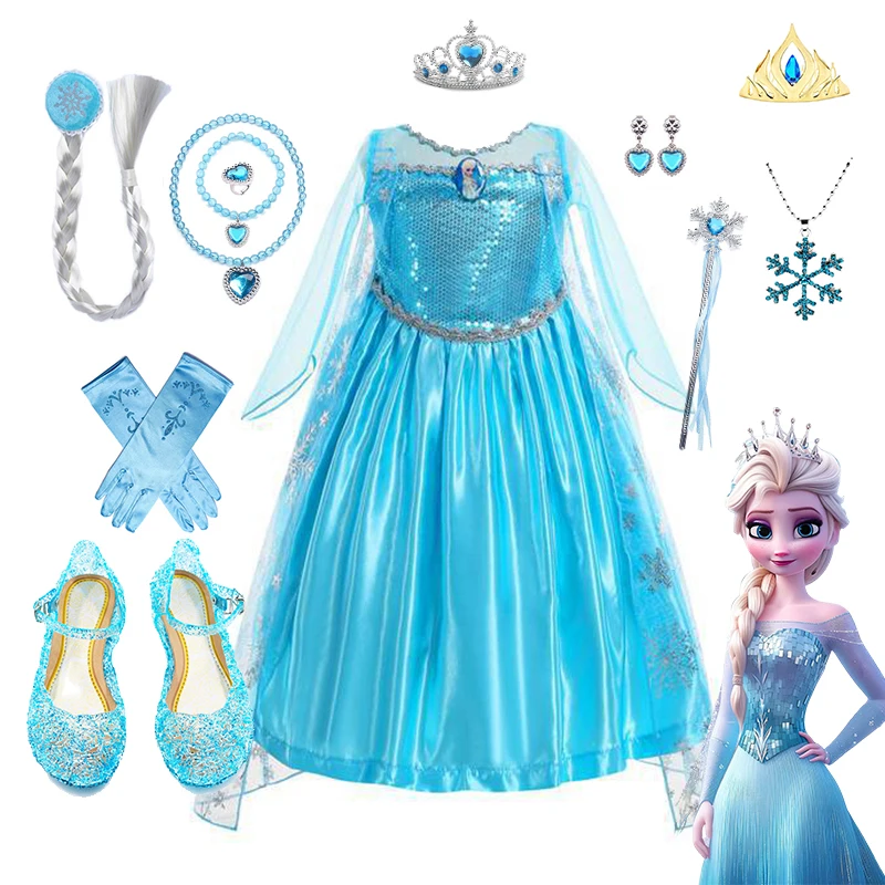 Frozen Elsa Dress for Girls Costume Snow Queen Anna Cosplay Birthday Party Children Kids Carnival Girl 2024