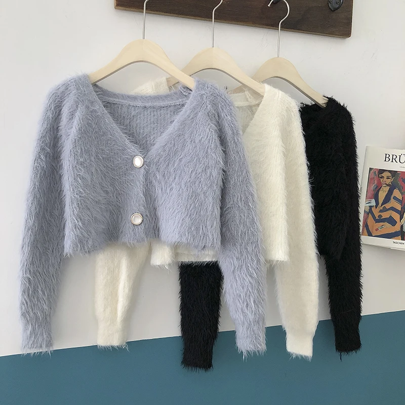 

Knitted Outwear Fluffy Sweater Korean Style Women V-Neck Sweaters Shorts Cardigan Female Casual Two Buttons Clothes Dropshipping