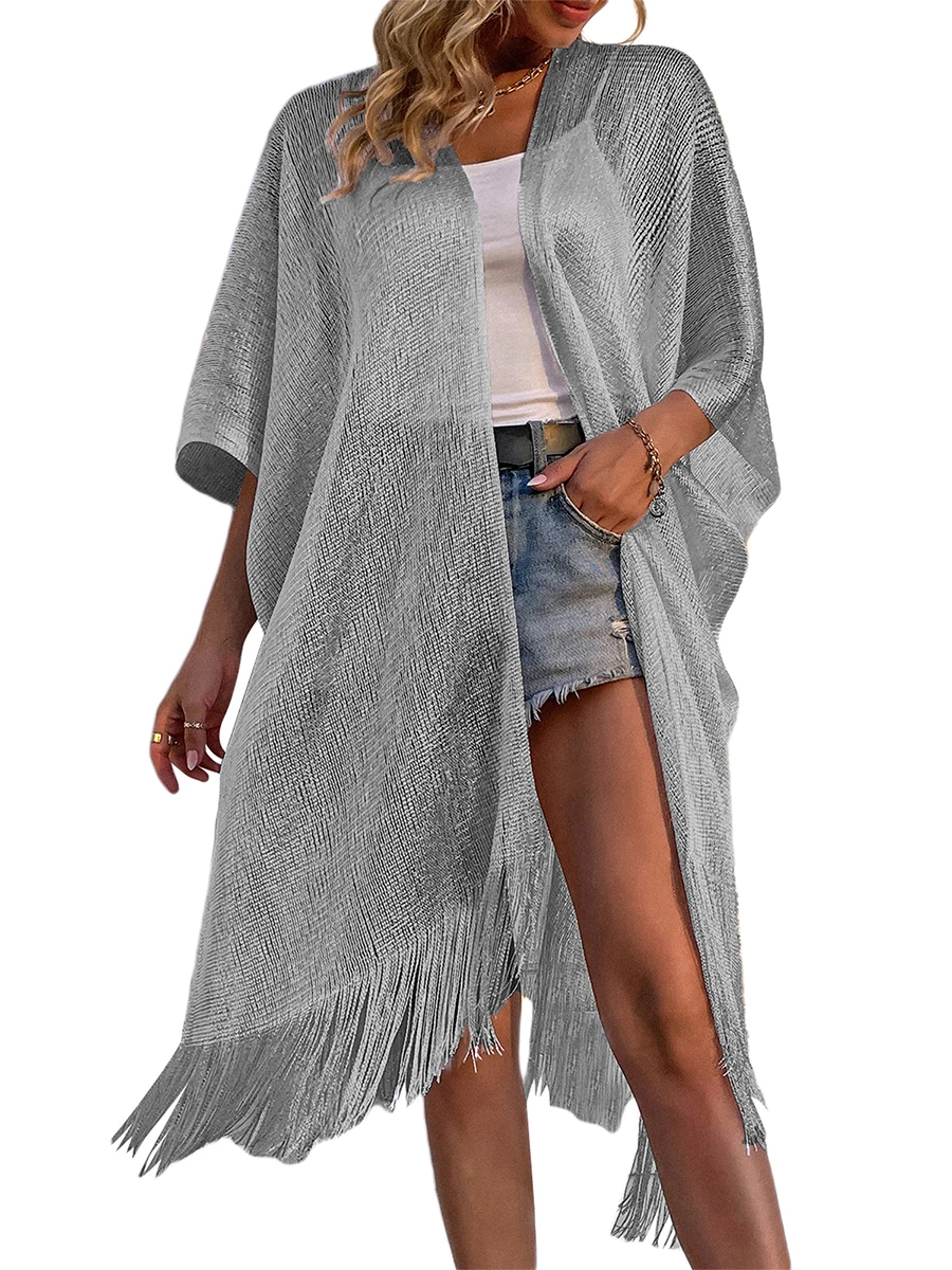 

Women s Beach Cover Ups V-neck Half Sleeve Tassels Hem Swimwear Bikini Long Cover-Ups