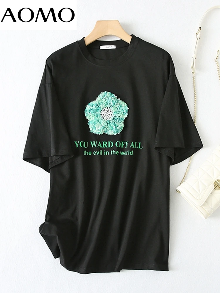 

AOMO 2022 Women Flower Embroidery Pearl Cotton T Shirt Short Sleeve O Neck Tees Ladies Oversized Top YU30A
