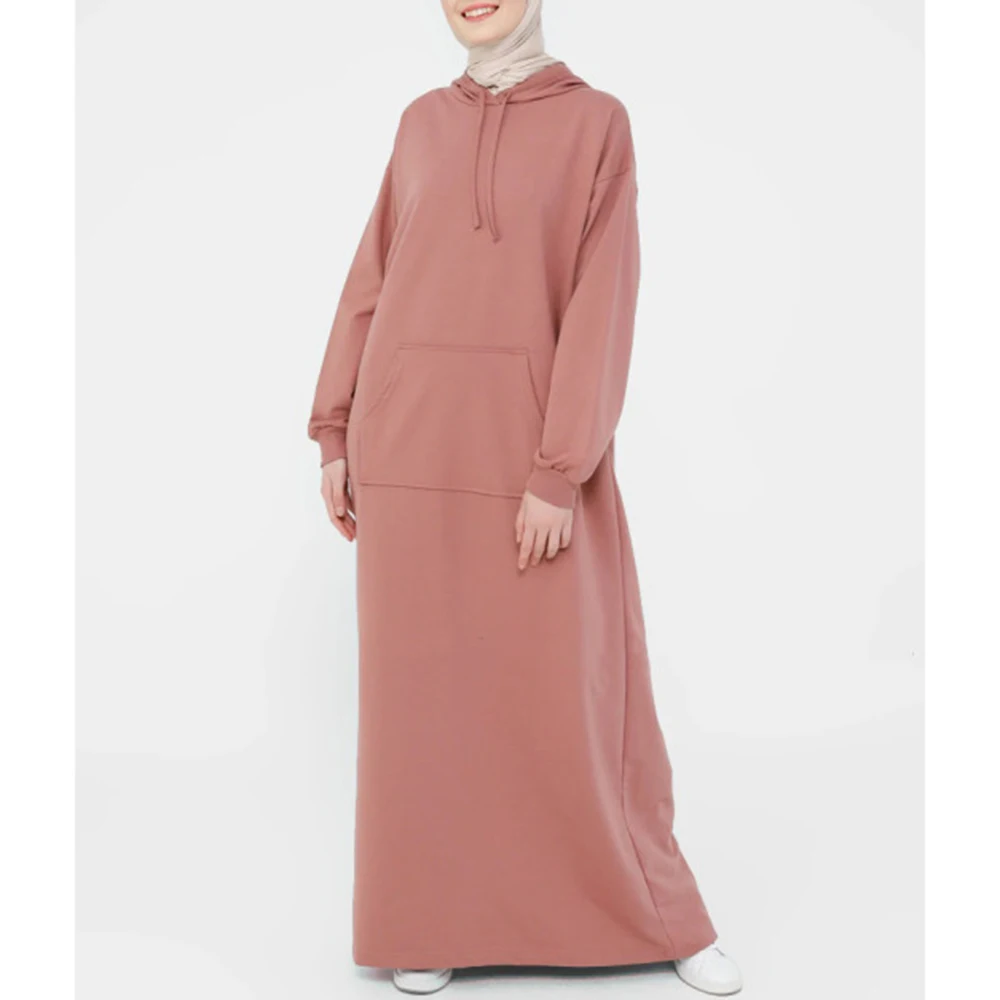 

2022 Eid Boubou New Abaya Dubai Muslim Hooded Dress Women Solid Drawstring Modest Robe Kangaroo Pocket Islamic Clothing Daily