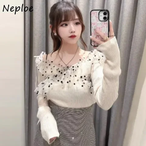 Neploe Preppy офисный женский пуловер с разрезом в горошек, вязаная вуаль в стиле пэчворк, вязаный японский свежий универсальный топ на шнуровке с оборками