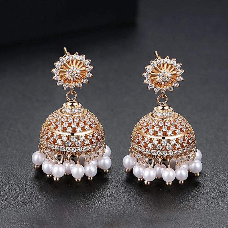 

AAA Zircon White Pearl Beads Bell Drop Earrings Women Indian Jhumka Jhumki Crystal Gold Color Bollywood Jewelry Ethnic Wedding