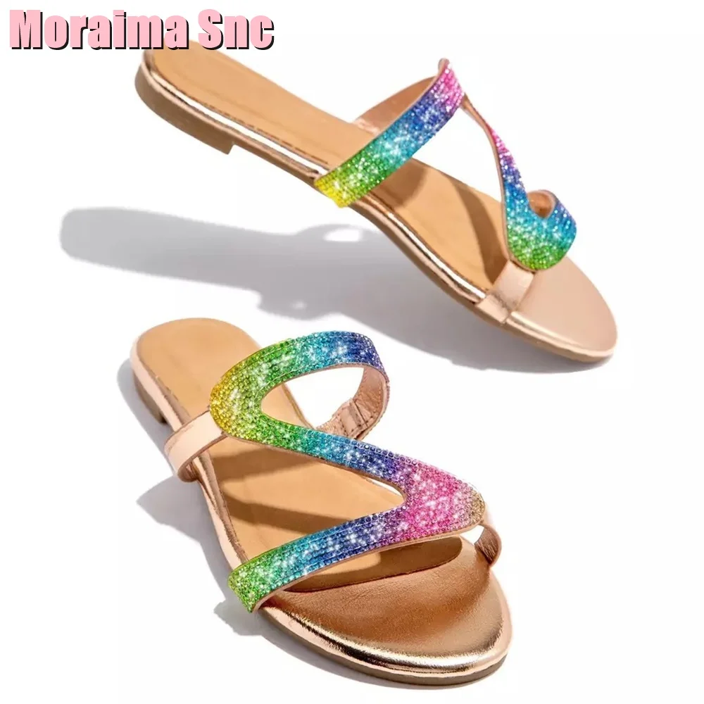 Rainbow Crystal Bling Slippers Flat With Open Toe Sexy Women Shoes Slides Summer Fashion Casual Beach European Style Silver 2023