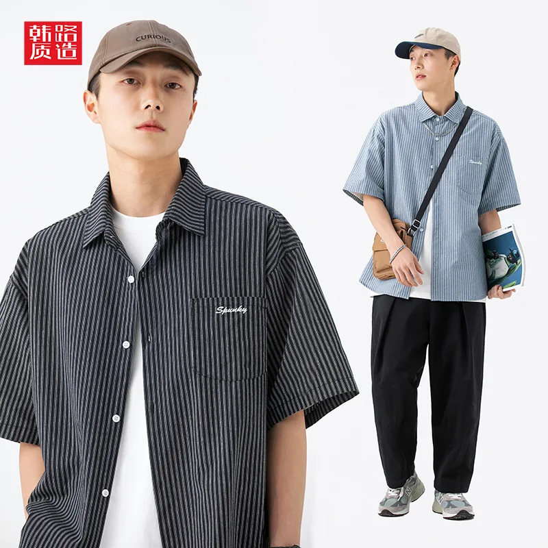 

2022 Summer New Ins A Short Sleeved Shirt Japan Style Preppy Style Youthful Vitality Men's Social Shirt Cotton