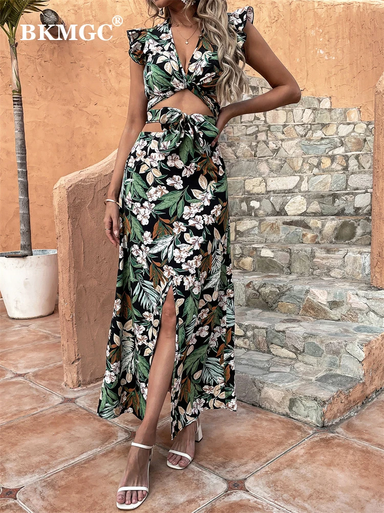 

BKMGC Plant Floral Printed Flutter Sleeve Wrap-over Top & Split Long Maxi Skirt Suite Summer Sexy Two Pieces Set For Women 2801