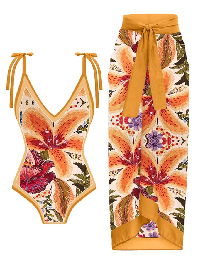 

Fashion Women Swimwear 2PC Cover-Up Swimsuit Ruffle Solid Printed Deep V One-piece Monokini Kimono Bikini Suit Summer Beachwear