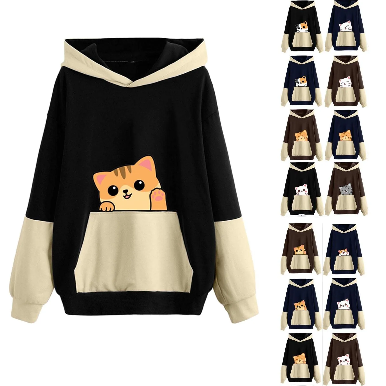 

Cute Cat Printed Hoodies Fall Sweaters For Women Teens Heavy Sweatshirt Women Long Sleeve Casual Shirt French Pullover Hoodie
