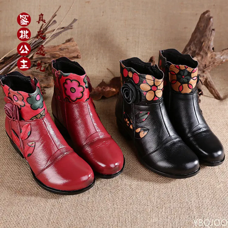 

Retro Bohemian Women Boots Printed Genuine Leather Ankle Boots Vintage Motorcycle Booties Ladies Shoes Woman 2022