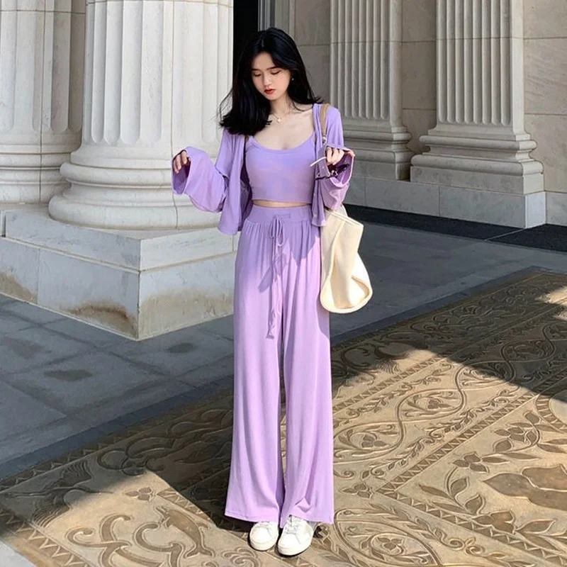 

Women 3 Piece Set Solid Color Cardigan Jacket + Sexy Vest+ High Waist Casual Wide Leg Pants Fashion Suit Tracksuit Clothing E207