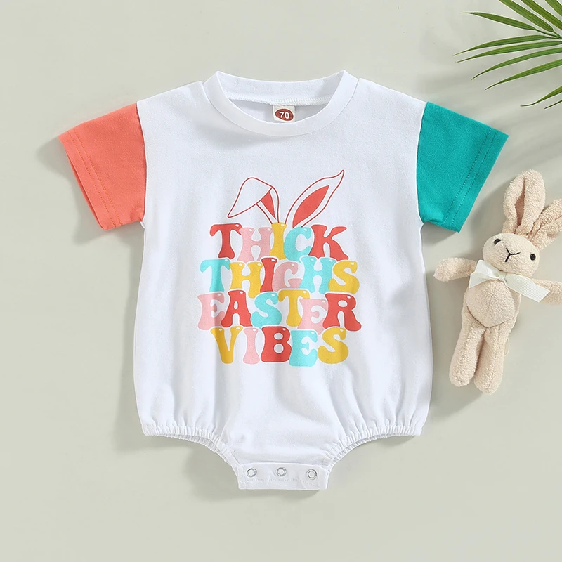 

Easter Newborn Infant Baby Girls Romper Summer Bunny Letter Print Contrast Color Short Sleeve Jumpsuit Outfits For 0-24Months