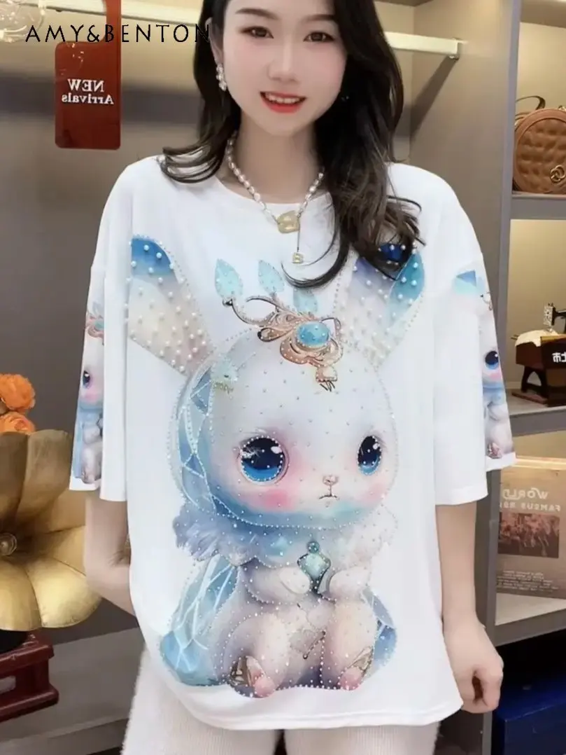 

Beaded Rhinestone Round Neck Short Sleeve T-shirt Women's Summer Mid-Length Loose Large Size Top Ladies T-shirt Tops Fashion