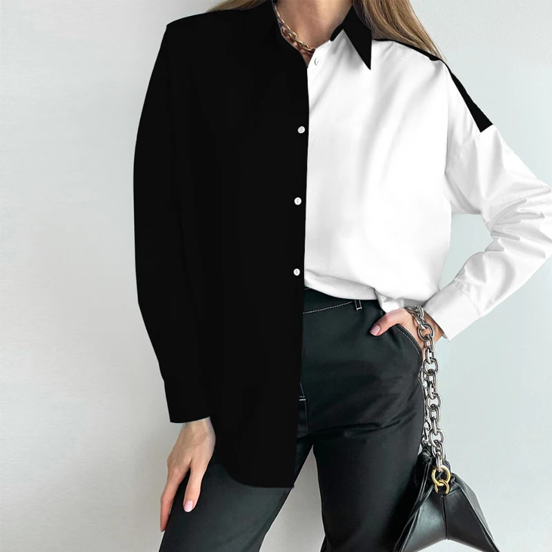 

Рубашка женская с длинным рукавом, составного кроя, черно-белая