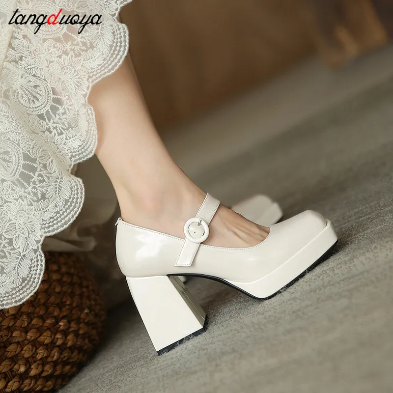

Woman Mary Jane Shoes Chunky Heel Solod Color Ladies Pumps Square Toe Women High Heel Shoes Black white Platform heels Shoes