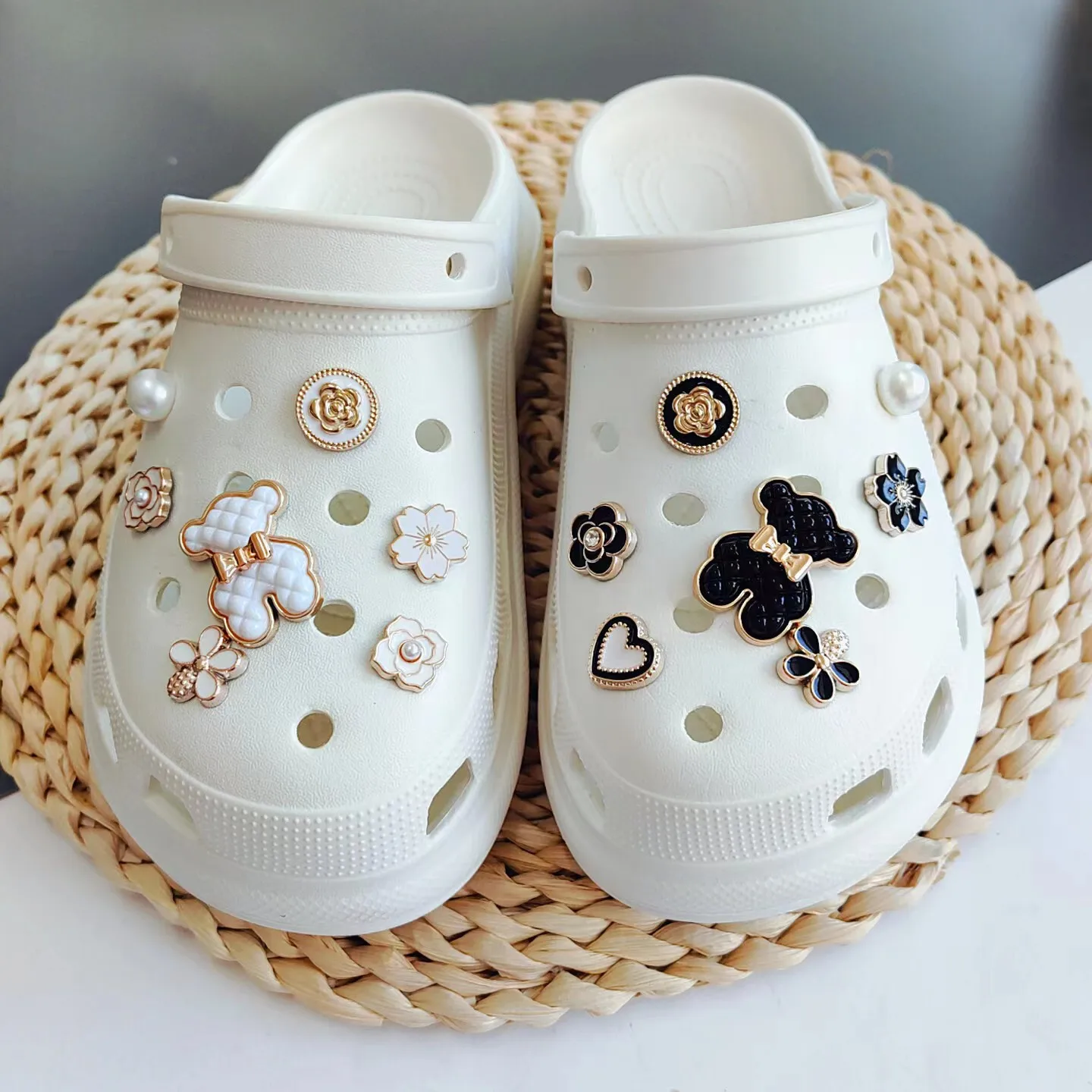 Cute Black White Bear Silver Crocs Charms Fit Jibbitz Shoes Crocs Accessories Set for Girls Boys Kids Women Decoration Cool