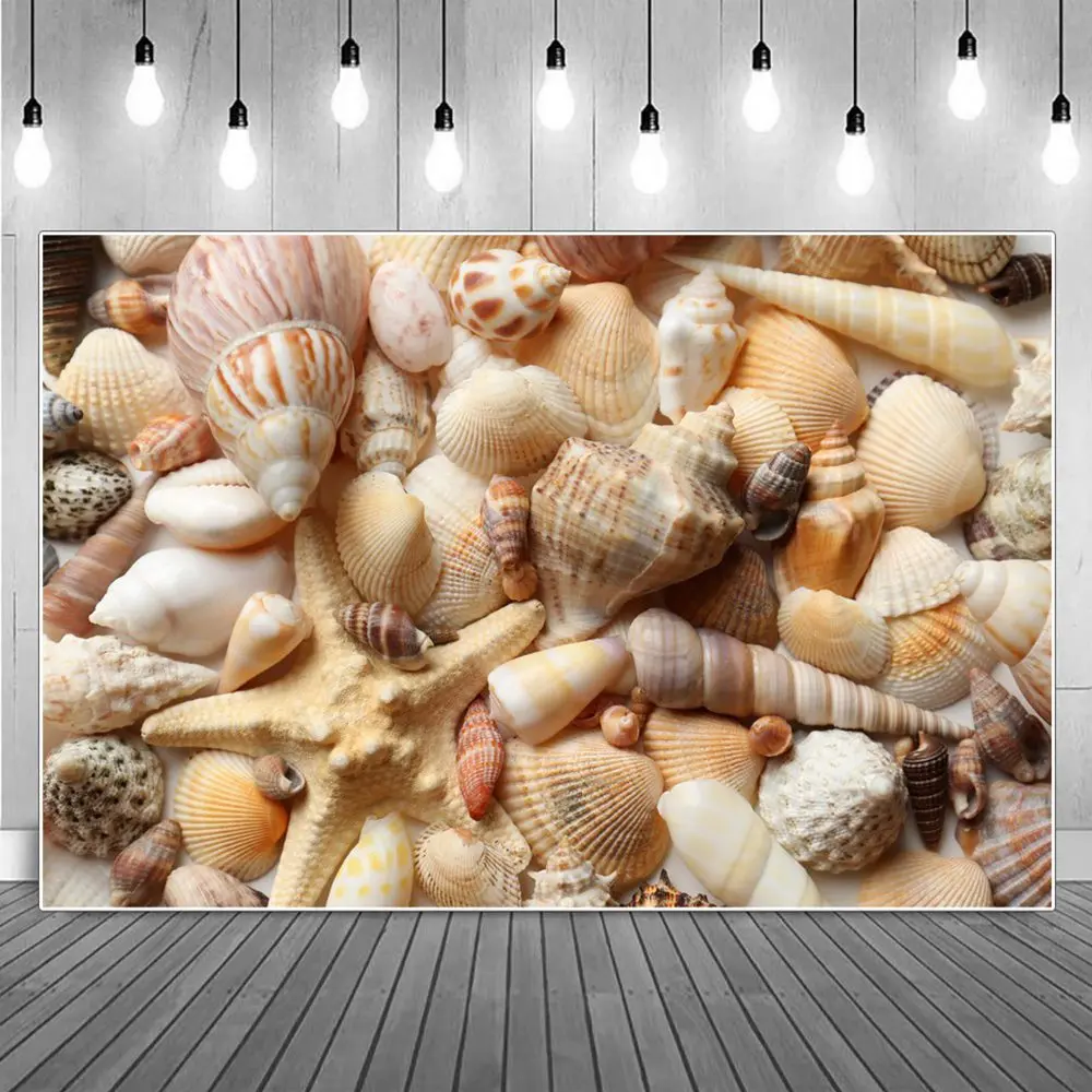 Shell Starfish Conch Backdrop Photography Beach Decoration Children Sands Boards Tropical Leaves Holiday Party Photo Backgrounds enlarge
