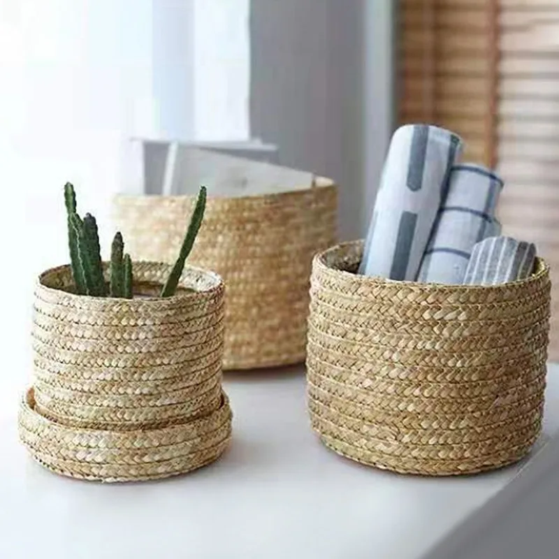 

Handmade Straw Woven Storage Basket With Lid Snack Organizer Storage Box Laundry Baskets Rattan Storage Flower Basket