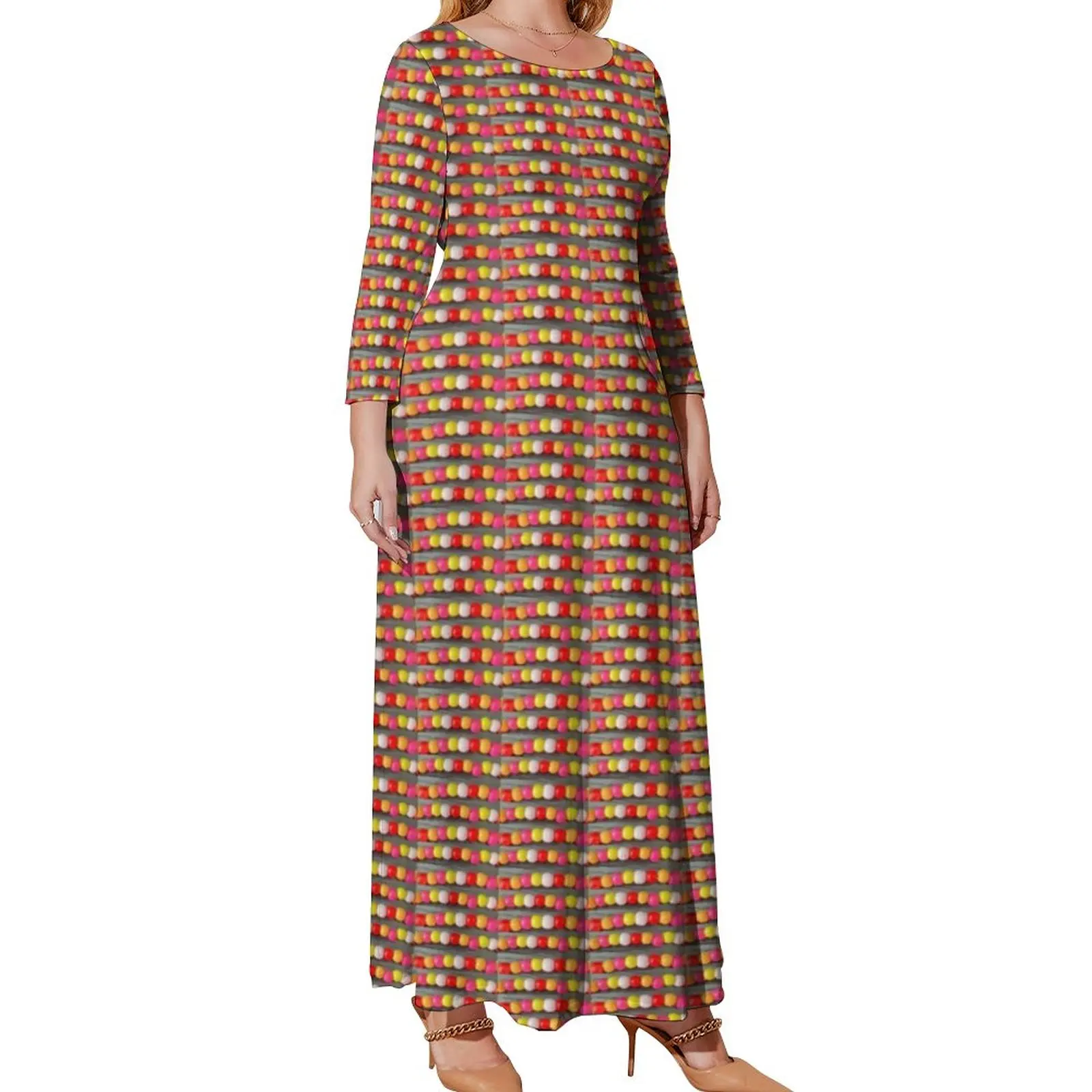 Beads Print Dress Plus Size Pink Brights Pattern Elegant Trendy Maxi Dress Long-Sleeve Street Style Beach Long Dresses Gift Idea