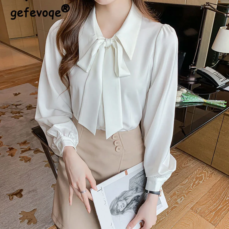 

White Elegant Chic Bow Work Wear Korean Fashion Blouse Top Women Spring Autumn Lapel Long Sleeve Button Up Shirt Chemisier Femme