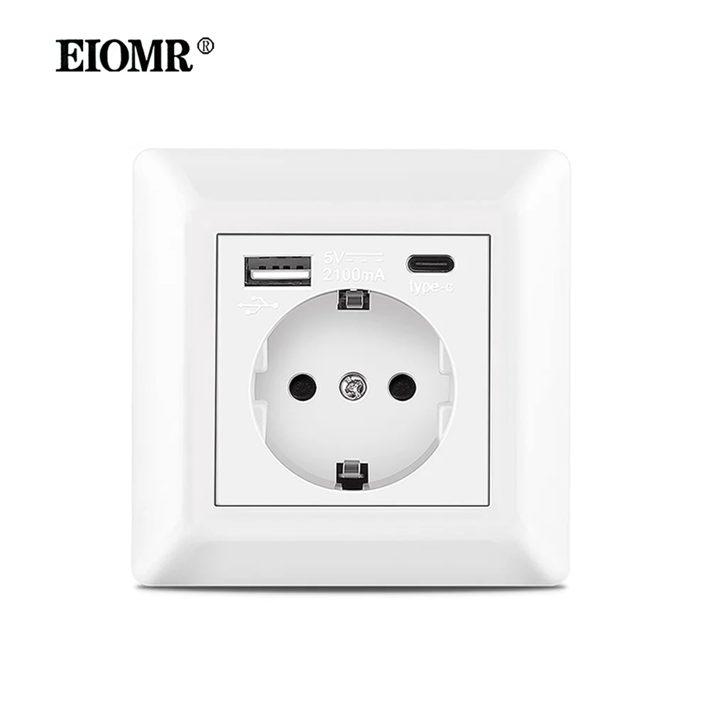 Настенная умная розетка EIOMR, USB Type-C, порт зарядного устройства, электрическая розетка европейского стандарта, изогнутая панель, мощность 220 В переменного тока для домашнего офиса, кухни, спальни