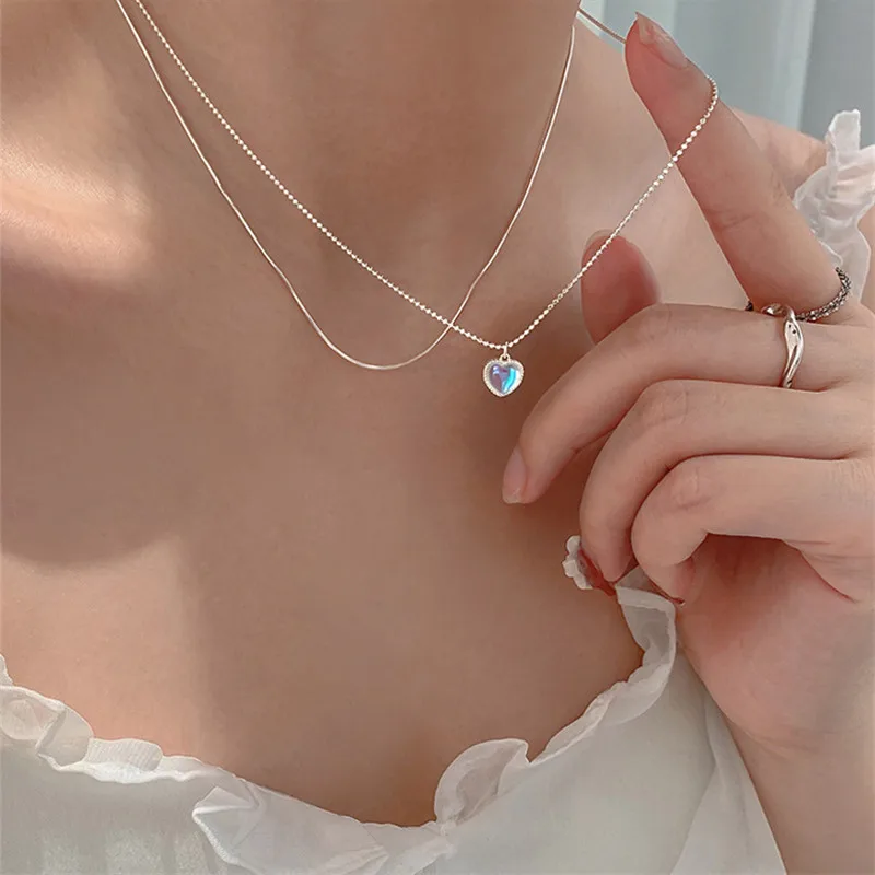 

Double Layer Design Love Moonstone Necklace Women's Fashion Gradient Gemstone Peach Heart Clavicle Chain Gift for Her