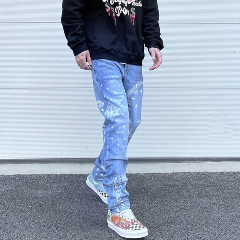 Mens High Street Paisley Print Denim Jeans Casual Hip Hop Distressed Jeans Slim Fit Skinny Denim Pants Joggers Streetwear Men