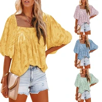 womens 2022 summer new square neck chiffon top floral texture lantern sleeve shirt lady