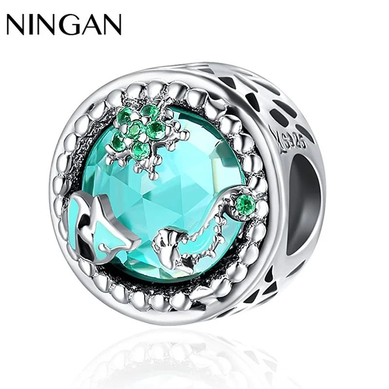 

NINGAN Shiny Glass Beads 925 Sterling Silver Round Charm fit Women's Bracelet Diy Jewelry gift for friend yourself