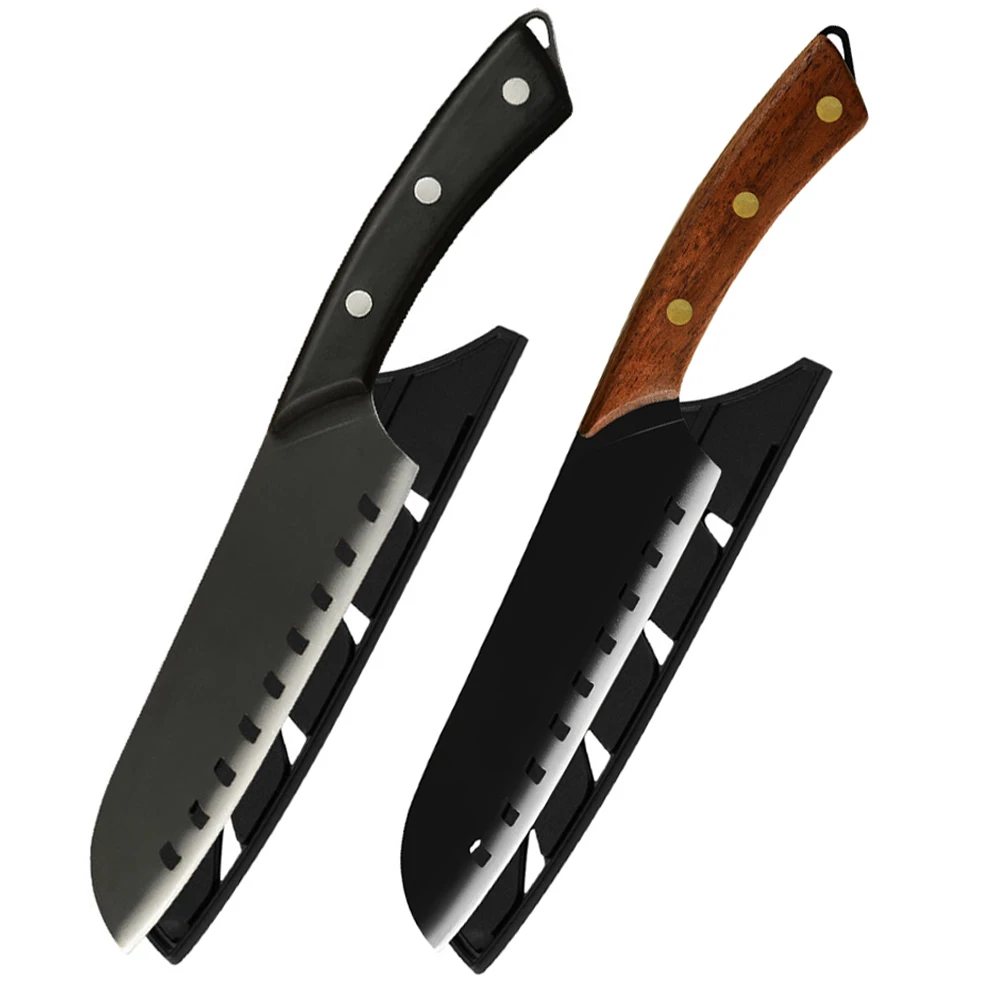 Нож сантоку XYJ черный 7 дюймов с деревянной ручкой