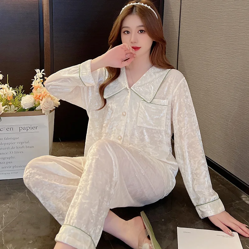 

2022 New Gold Velvet Pajamas Women's Spring Autumn Winter Pyjama Long-sleeved Cardigan High-quality Lapel Home Clothes Sleepwear