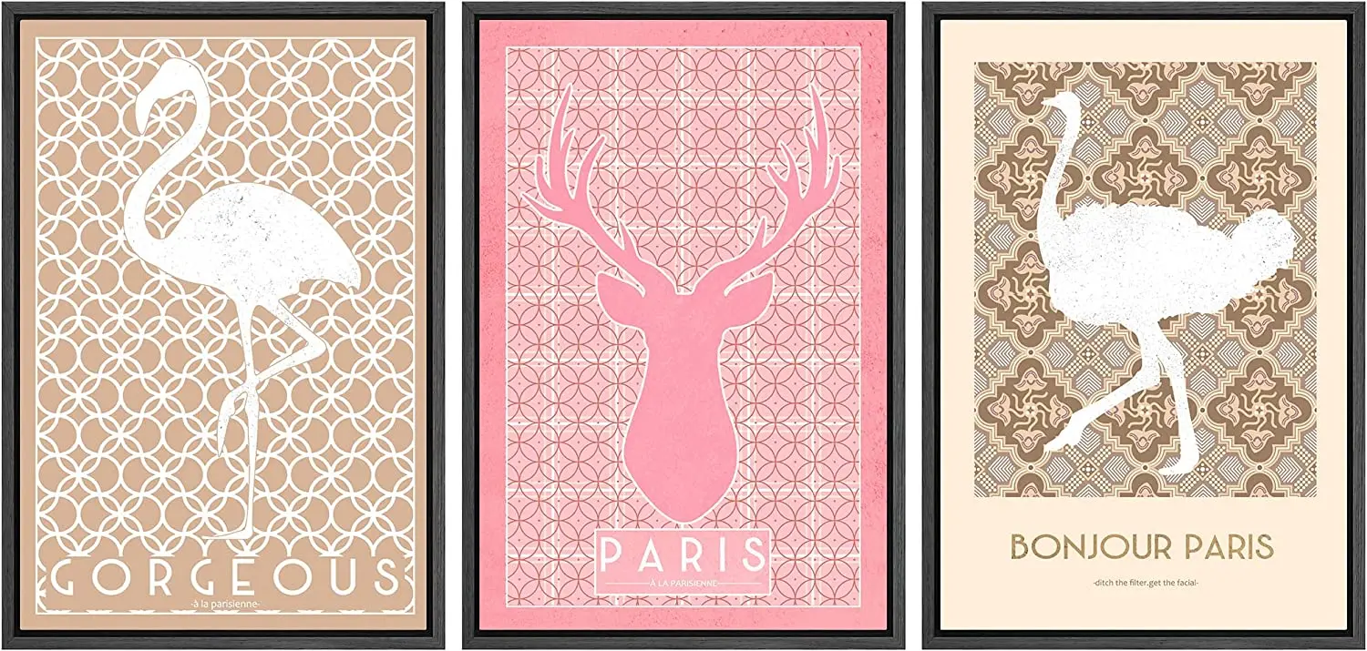 3 шт. Париж Олень Фламинго Страус Шаблон Природа Животные Иллюстрации Рустик Группа Волшебные Картины Домашний декор Без рамы.