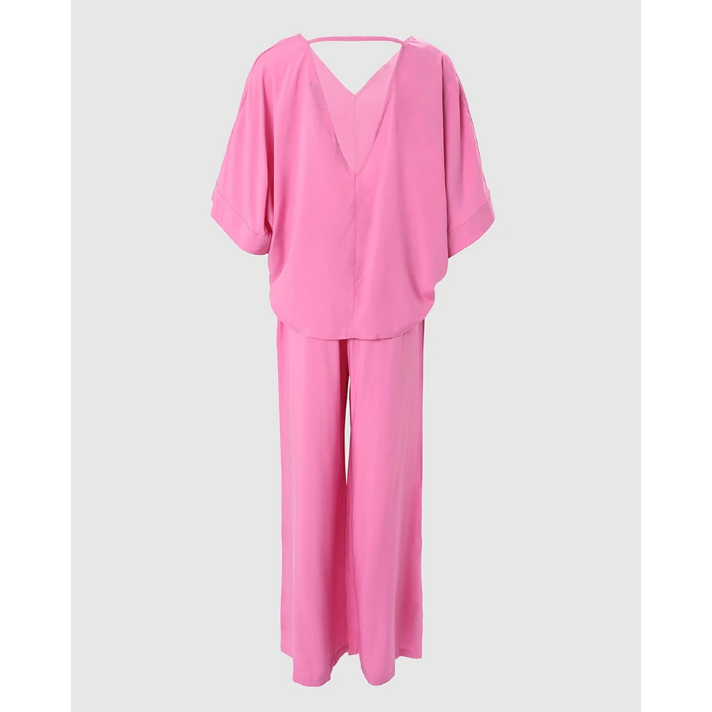 Autumn Women V-Neck Batwing Sleeve Top & High Waist Pants Set Solid Sleepwear Long Sleeve Two Pieces Homewear Casual Pajamas Set