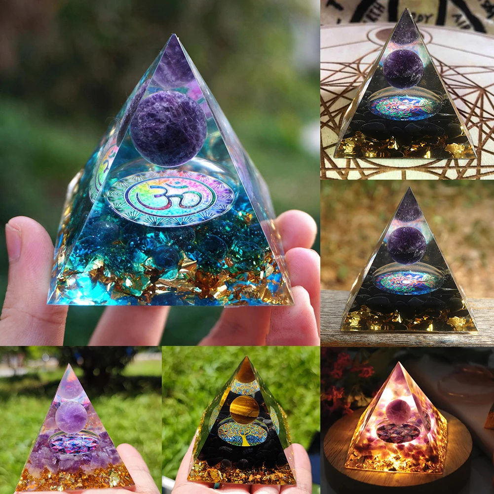 

Natural Healing Crystals Orgonite Energy Pyramid Sculpture Symbolize Lucky Gather Wealth Prosperity Craft Ornaments Base Stand
