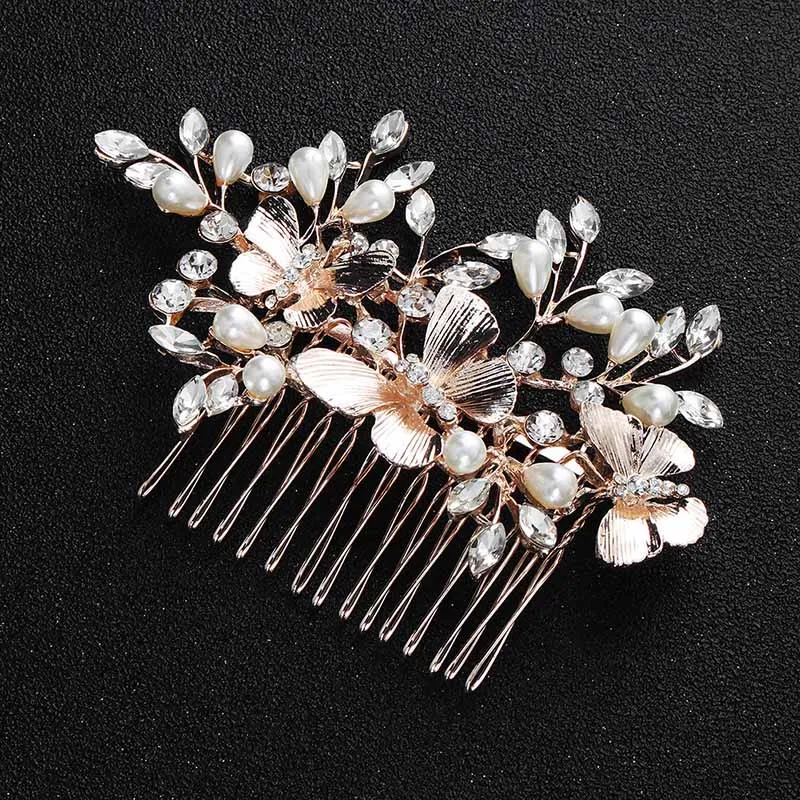 

Female Tiara Hair Comb Hair Fork With Sparkling Pearls Crystals Leaves Headwear For Birthday Stage Party Show Dress Up