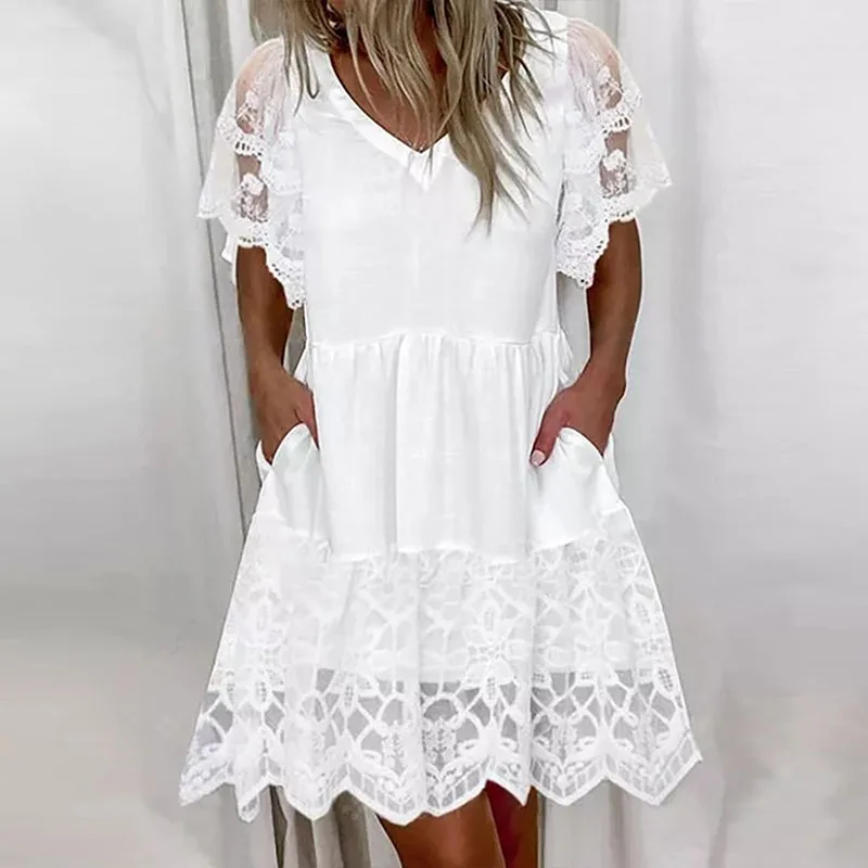 

Women V-Neck Short Sleeve Ruffles Mini Dresses Elegant White Color Embroidery Lace Mesh Party Dress Lady Casual Summer Dress 5XL