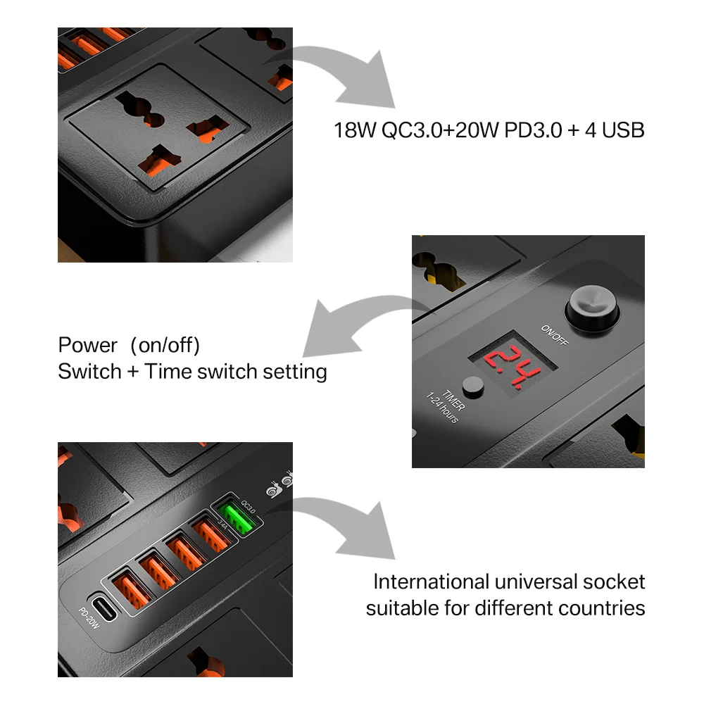 

Сетевой удлинитель на 6 розеток переменного тока с 6 портами для зарядки USB, удлинитель на 2 м, PD 3000 QC3.0, USB-порт, розетка для зарядного устройств...