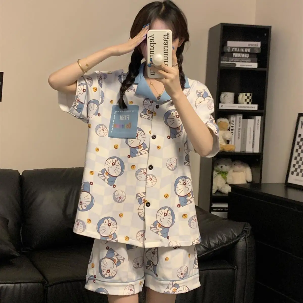 

Kawaii Doraemon пижамные комплекты Летний Новый мультяшный принт тонкий секционный клетчатый короткий рукав женский сон и отдых