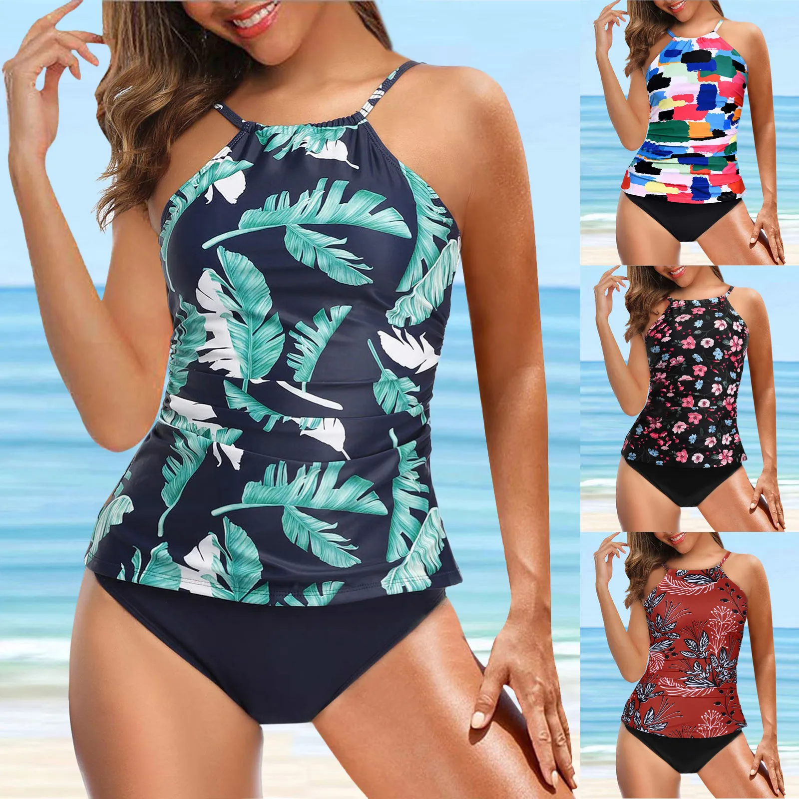 

Женский купальник-танкини с цветочным принтом и листьями