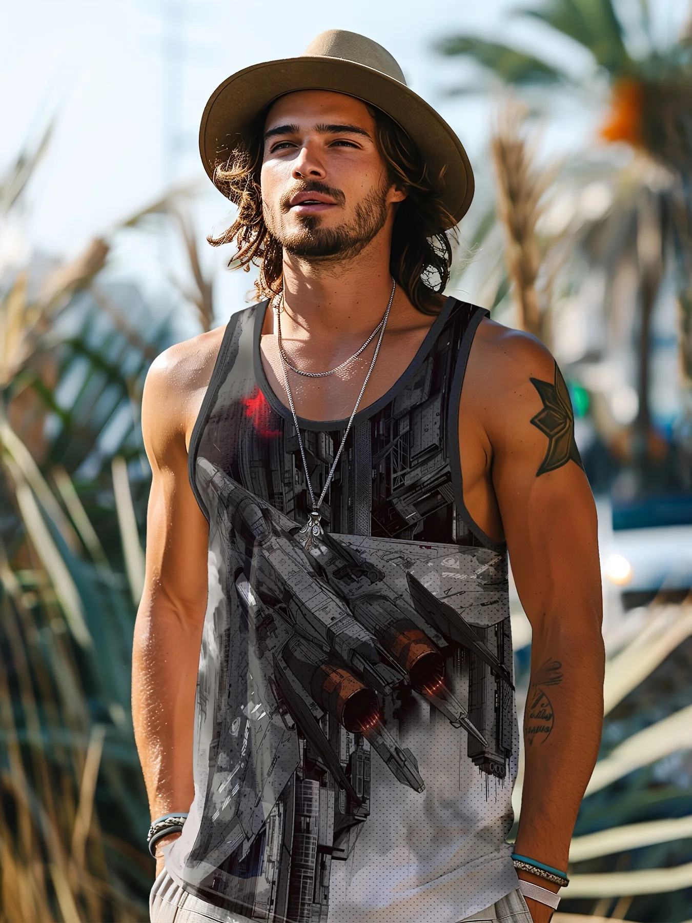 Жилет мужской летний с принтом воина и дракона безрукавка для отдыха спорта