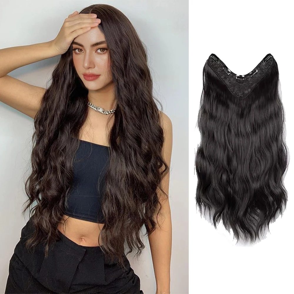 

Цельнокроеные длинные вьющиеся волосы для наращивания V-образных волос невидимые пушистые слегка вьющиеся искусственные волосы