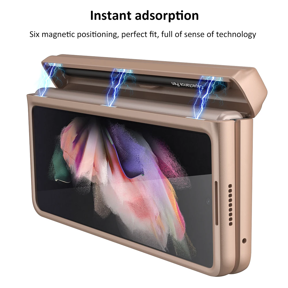 Plain Leather Magnetic Hinge Box Case for Samsung Galaxy Z Fold 2 5G S Pen Slot Holder Kickstand Hard Cover With Touch Pen